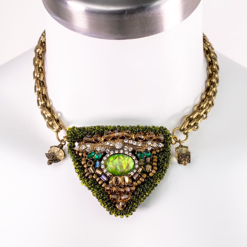 Super chunky green bead embroidery necklace, ooak unusual handmade beadwork gift